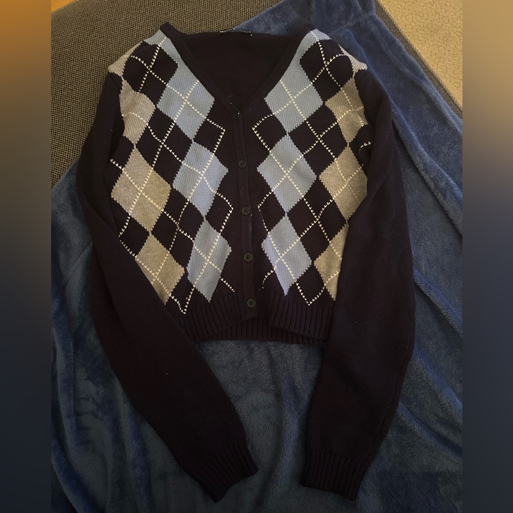 Brandy Melville Navy and Light Blue Argyle Cardigan